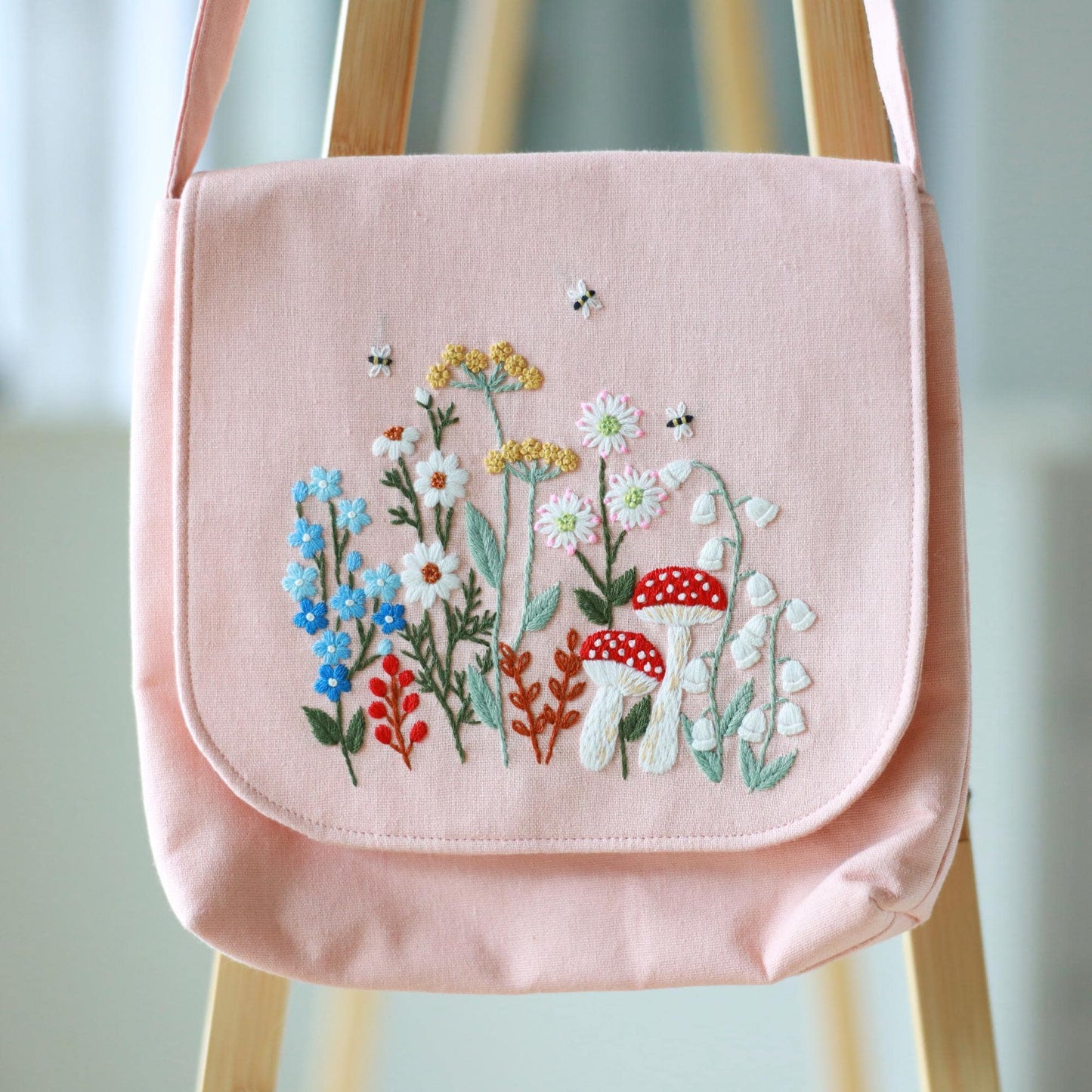 Hand Embroidered Pastel Pink Floral Crossbody Bag