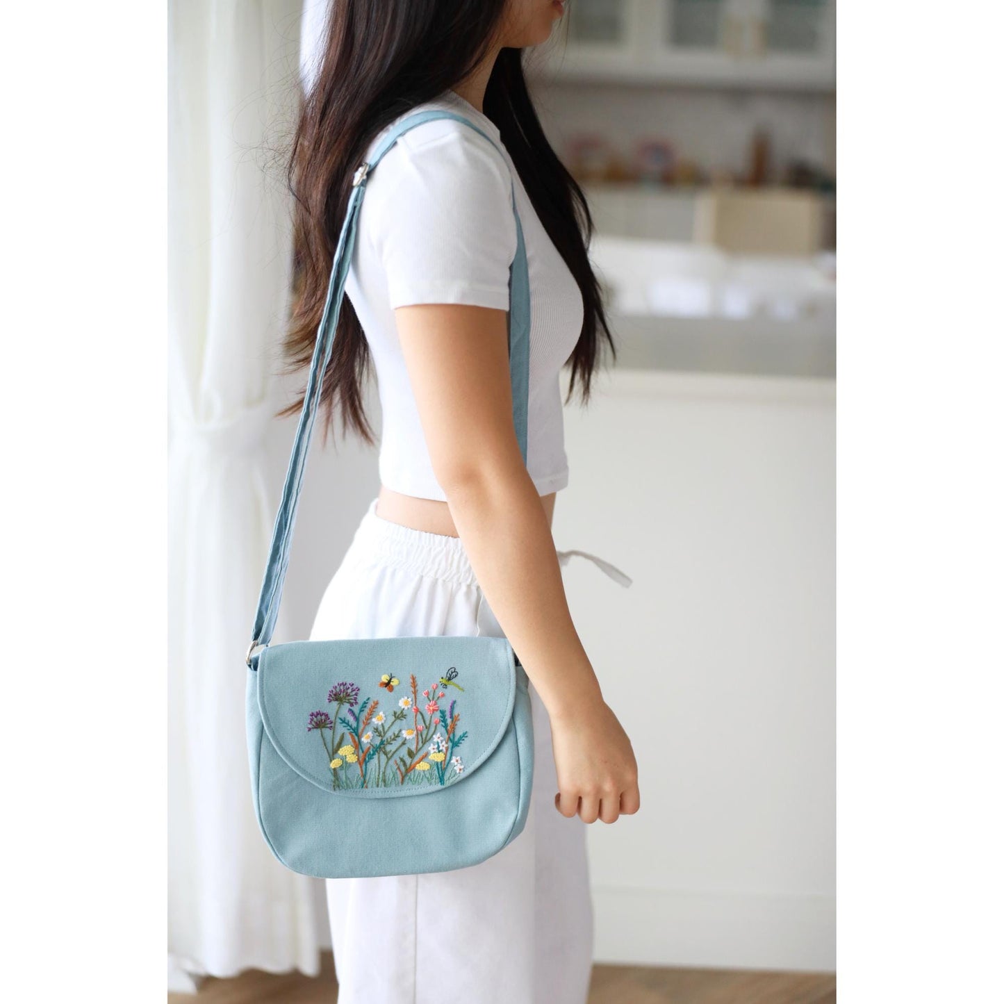 Blue Hand Embroidered  Crossbody Bag