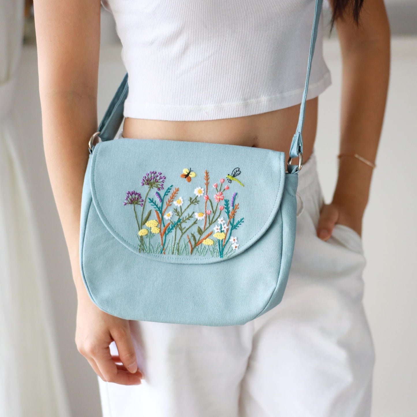 Blue Hand Embroidered  Crossbody Bag
