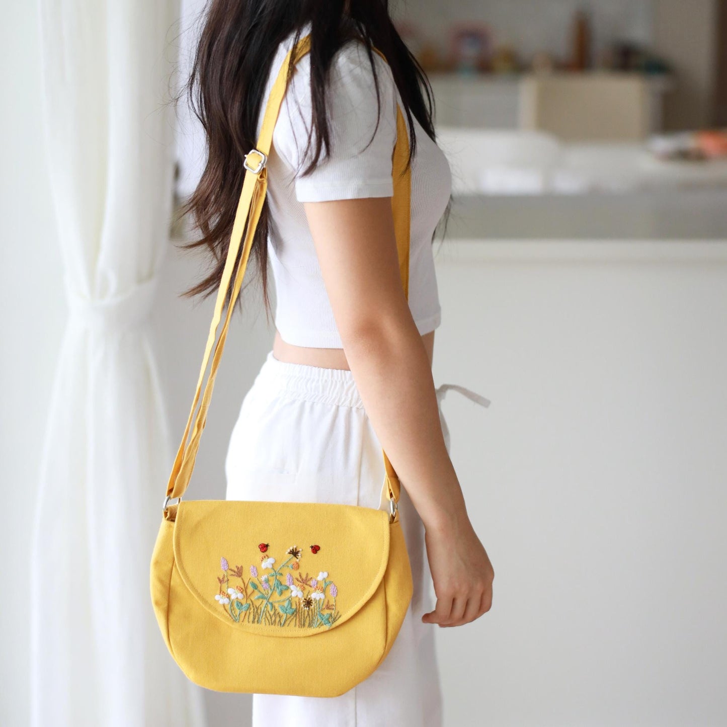 Yellow Hand Embroidered Crossbody Bag