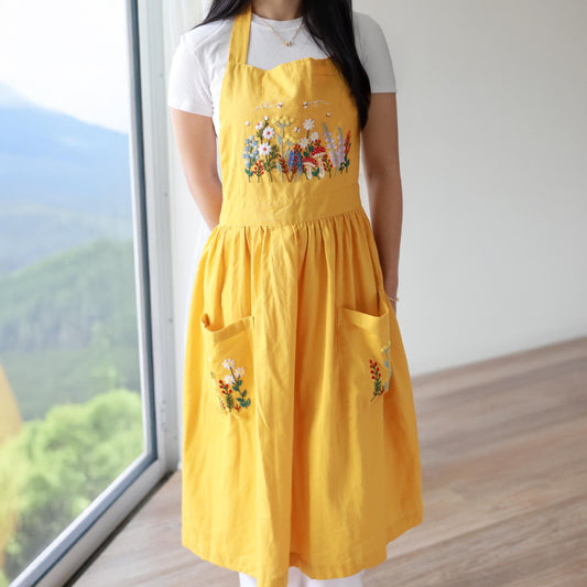 MADE TO ORDER Hand-Embroidered Mustard Yellow Linen Apron, Wildflowers & Mushrooms Kitchen Apron with Pockets, Cottagecore Garden Apron