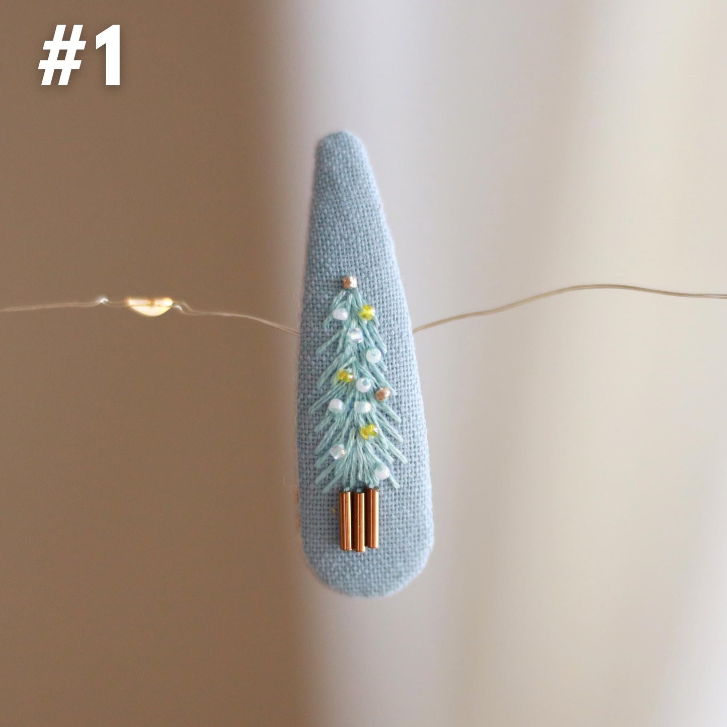 Hand-Embroidered Winter Hair Clips, Blue Christmas Tree & Cabin Barrettes, Holiday Accessories, Gift for Women Girls, Christmas Gift