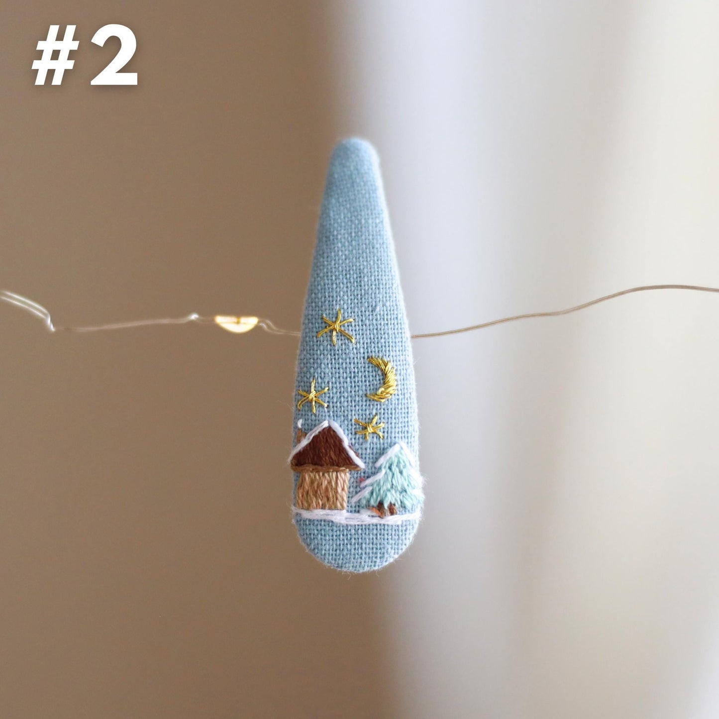 Hand-Embroidered Winter Hair Clips, Blue Christmas Tree & Cabin Barrettes, Holiday Accessories, Gift for Women Girls, Christmas Gift