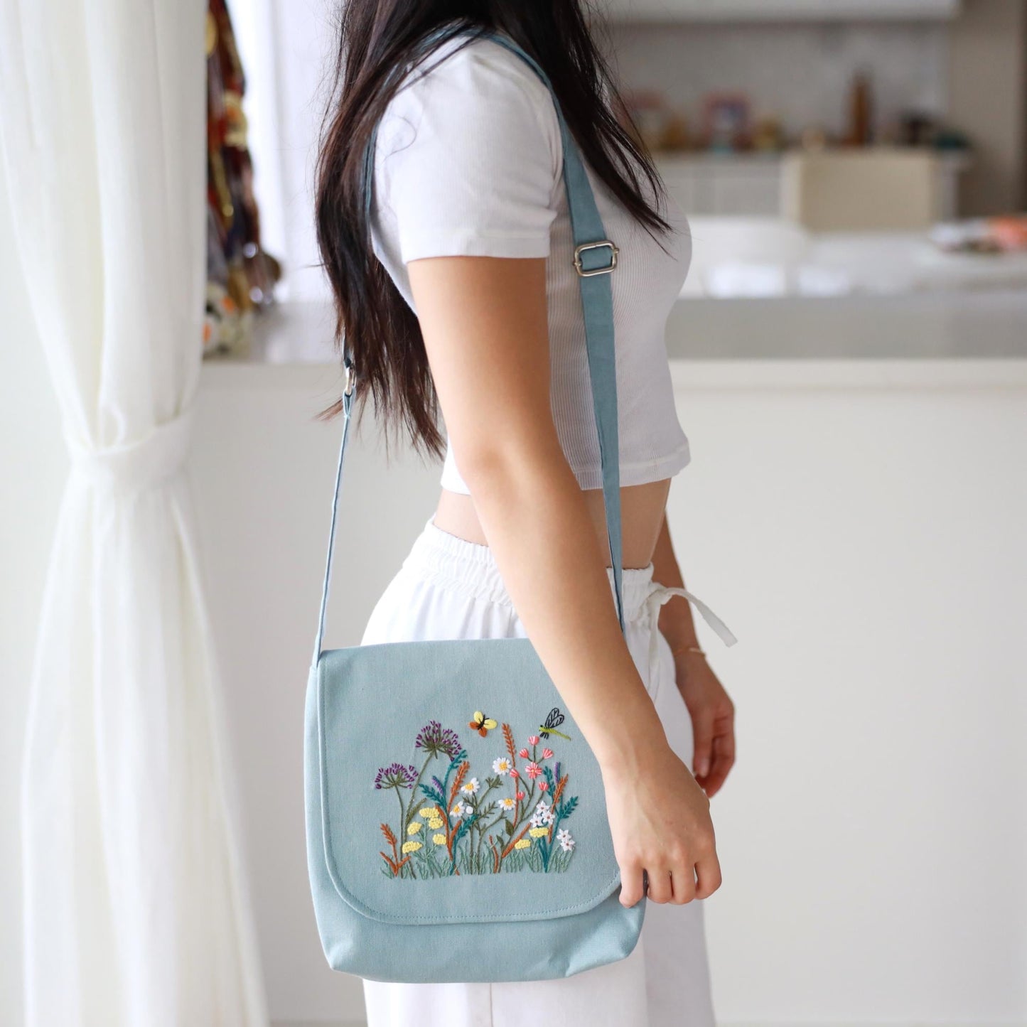 Hand Embroidered Blue Floral Crossbody Bag
