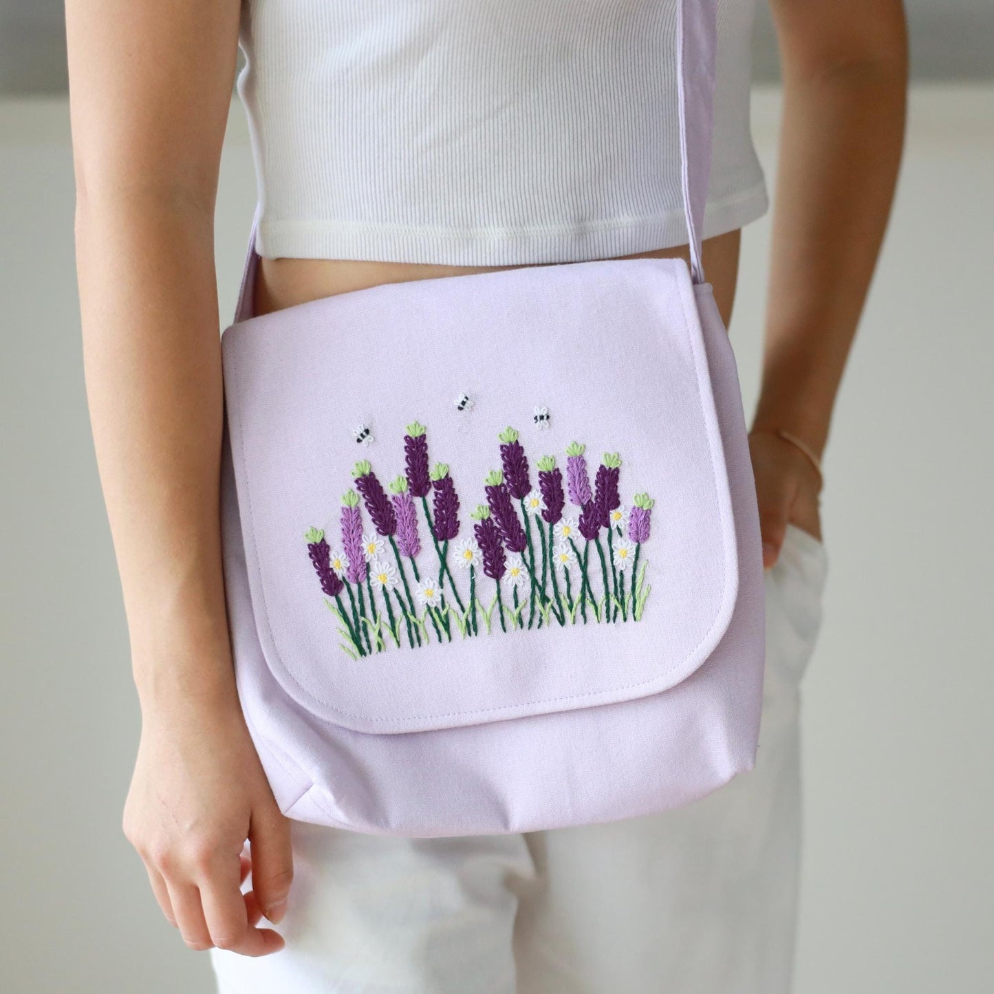 Hand Embroidered Lavender Floral Crossbody Bag
