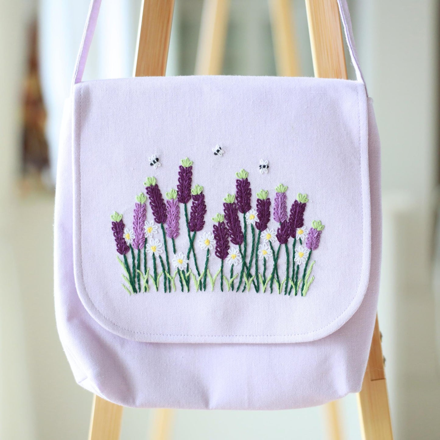 Hand Embroidered Lavender Floral Crossbody Bag