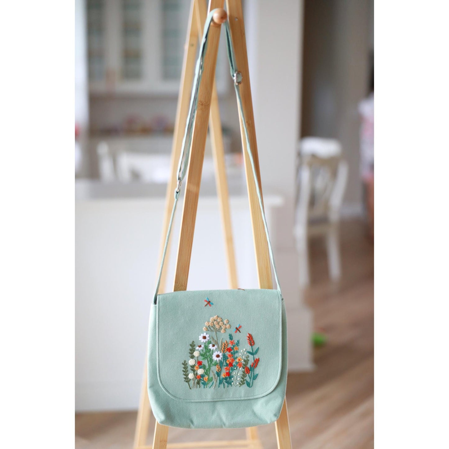 Hand Embroidered Mint Green Floral Crossbody Bag