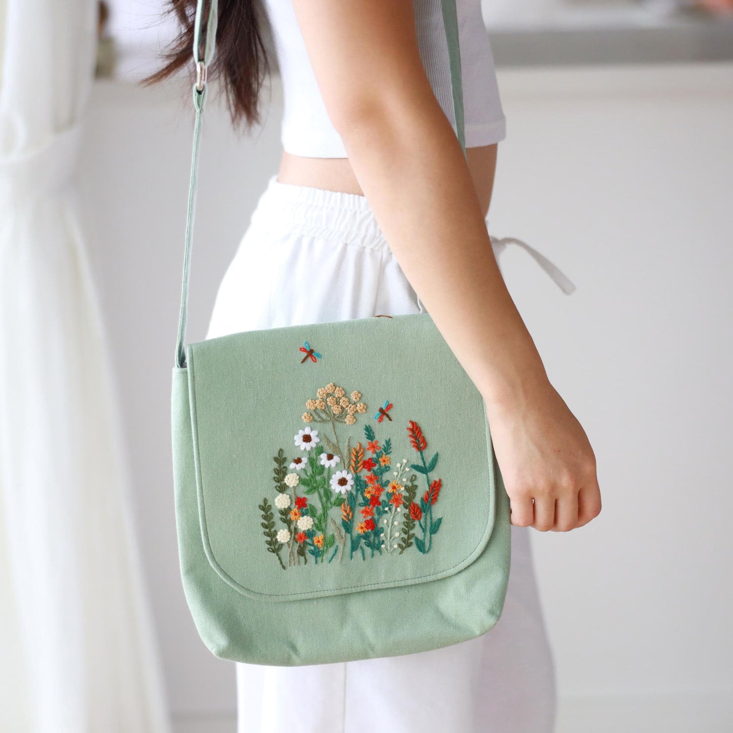 Hand Embroidered Mint Green Floral Crossbody Bag