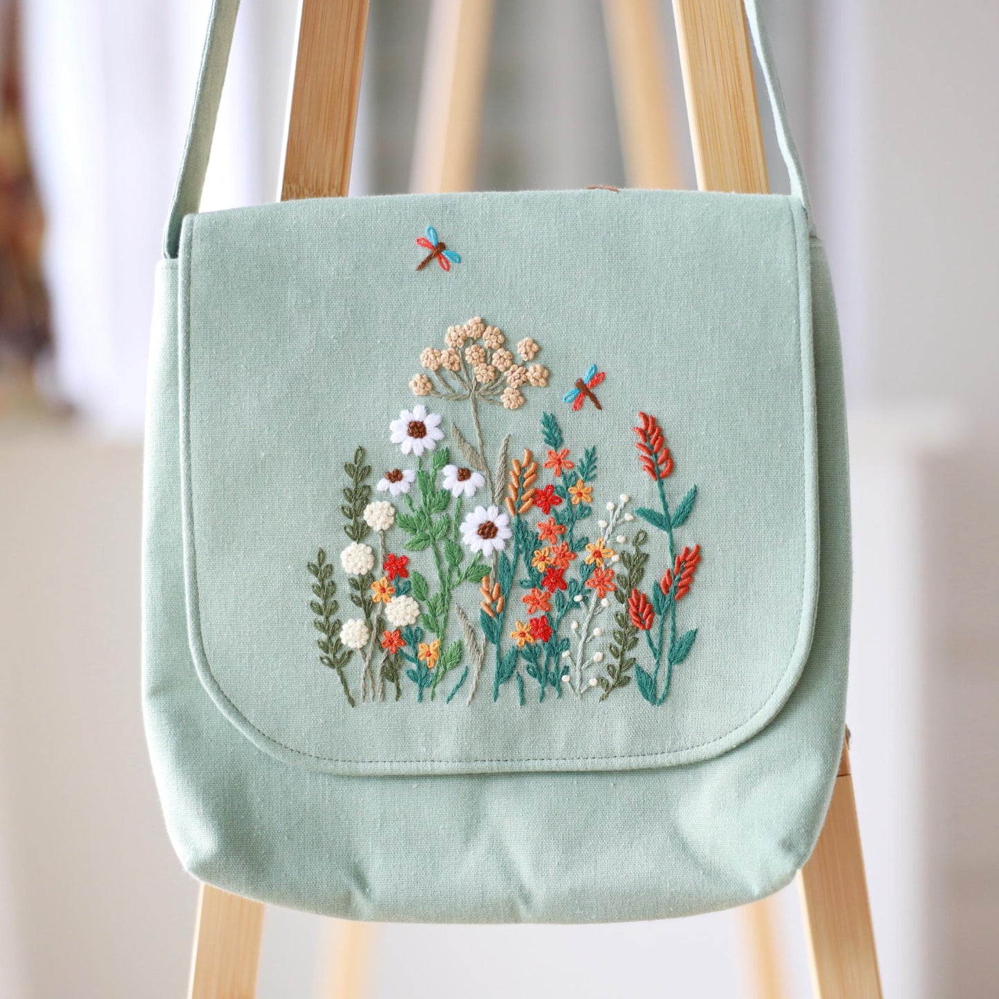 Hand Embroidered Mint Green Floral Crossbody Bag