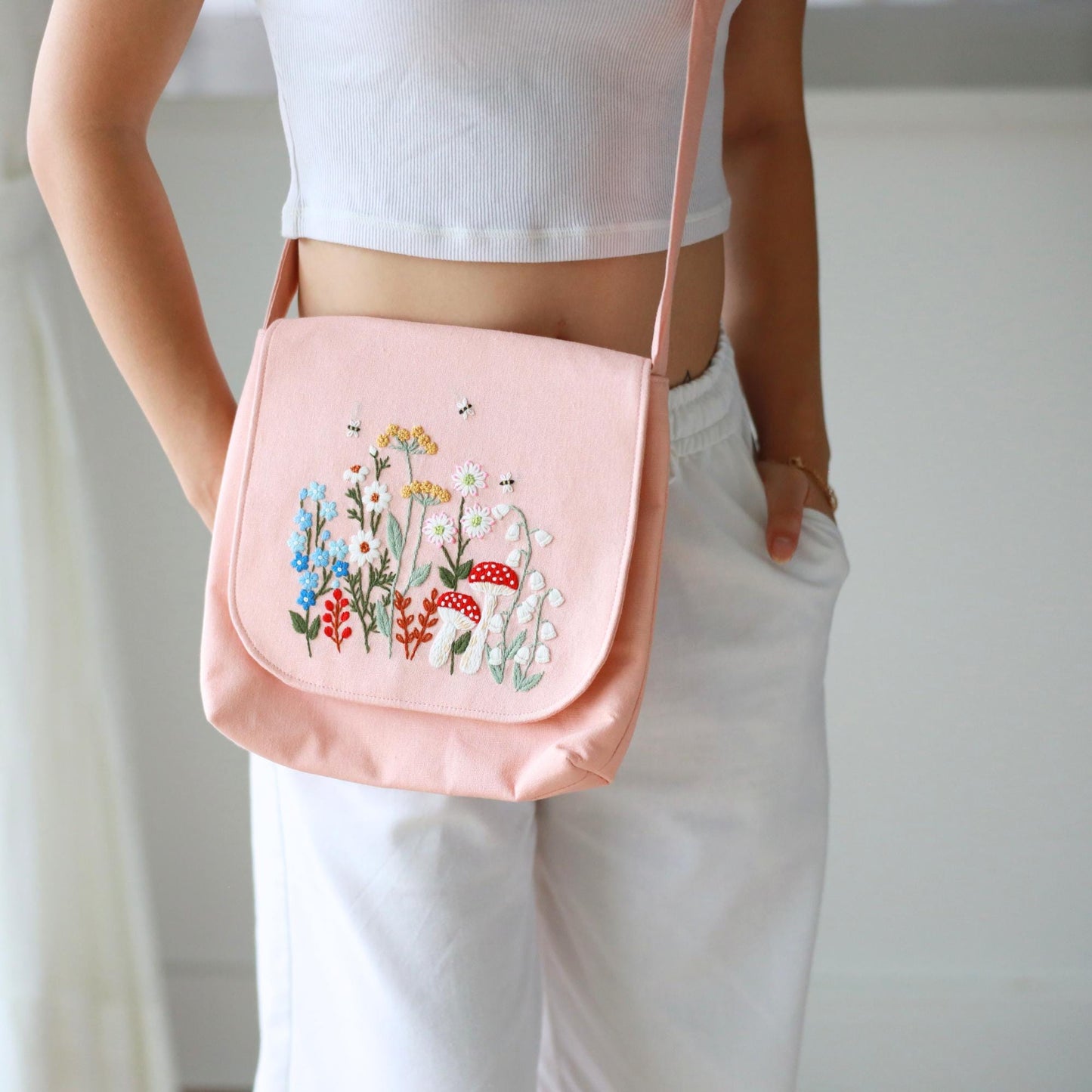 Hand Embroidered Pastel Pink Floral Crossbody Bag
