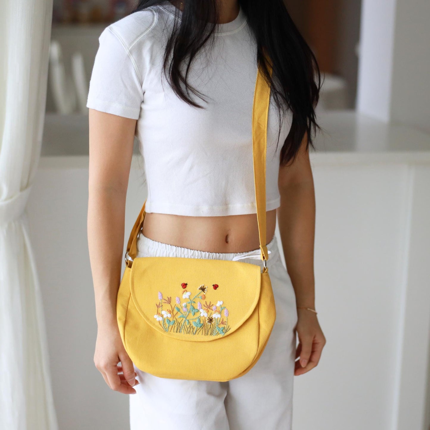 Yellow Hand Embroidered Crossbody Bag