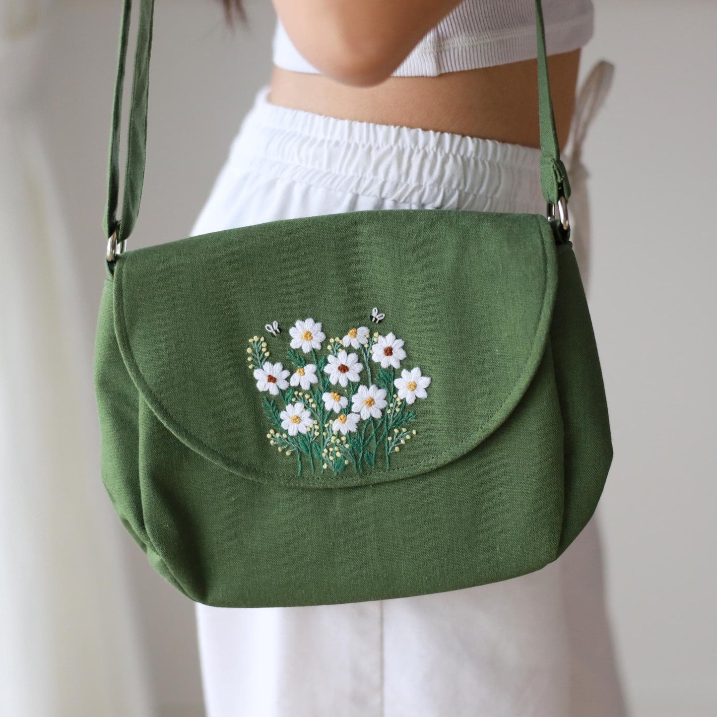 Moss Green Hand Embroidered Crossbody Bag