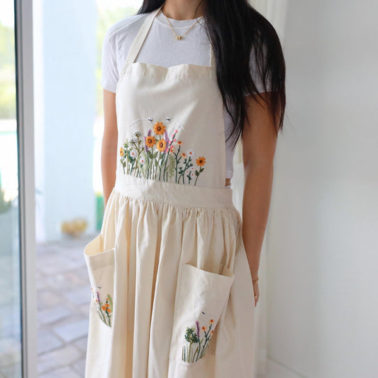 Hand Embroidered Cream Linen Apron