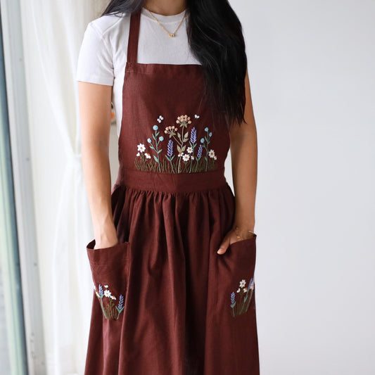 MADE TO ORDER Hand-Embroidered Brown Linen Apron, Wildflower Kitchen Apron with Pockets, Cottagecore Garden Apron