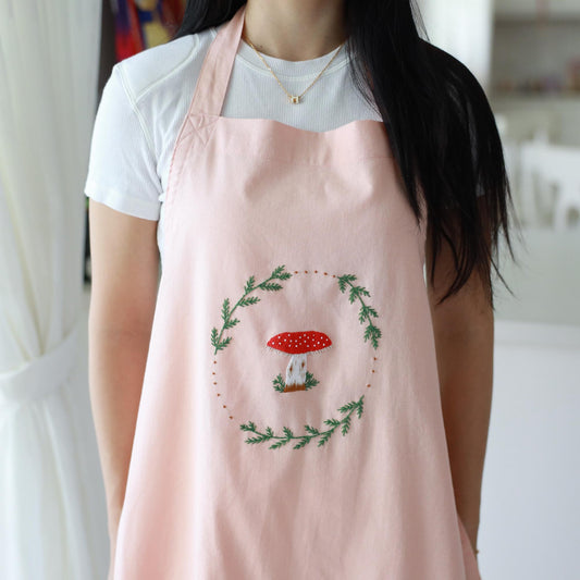 Hand Embroidered Pink Apron - Cottagecore Mushroom Apron