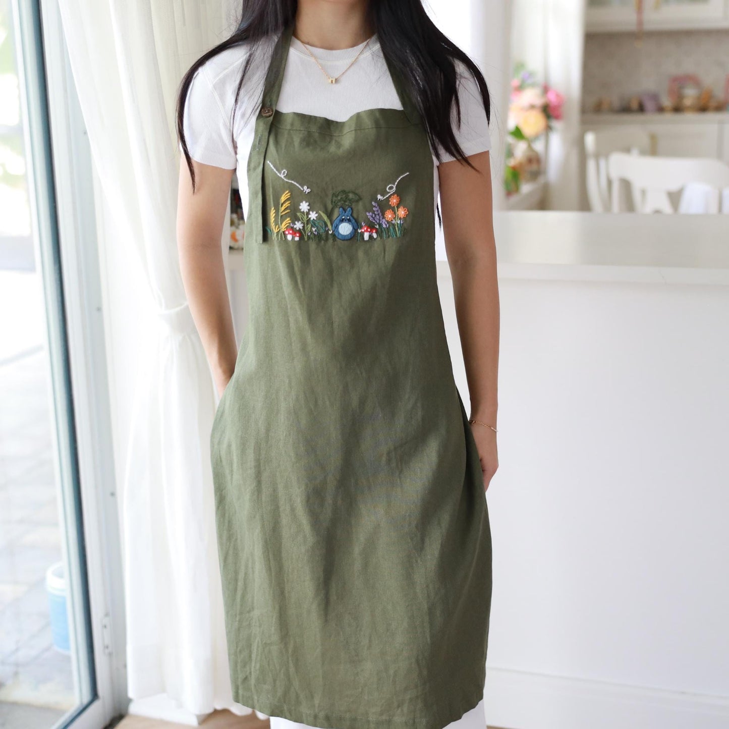 Hand Embroidered Linen Apron – Forest Garden Totoro Theme