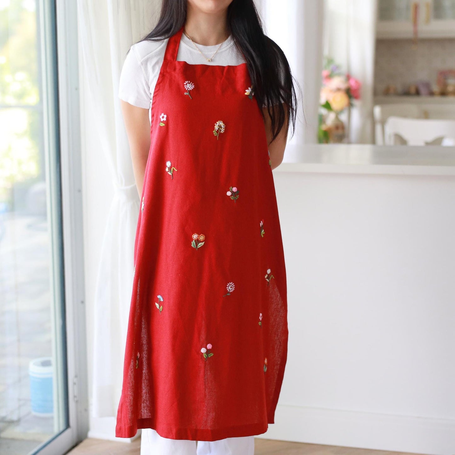 Hand Embroidered Red Linen Apron